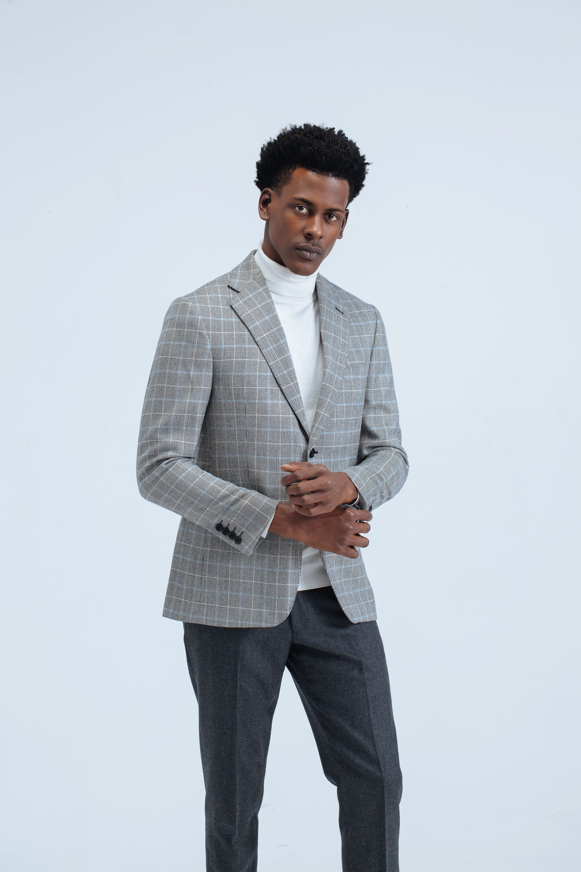 SINGLE BREASTED CHECKERED BLAZER -  NOTCH LAPEL - GRAY &  SKY BLUE