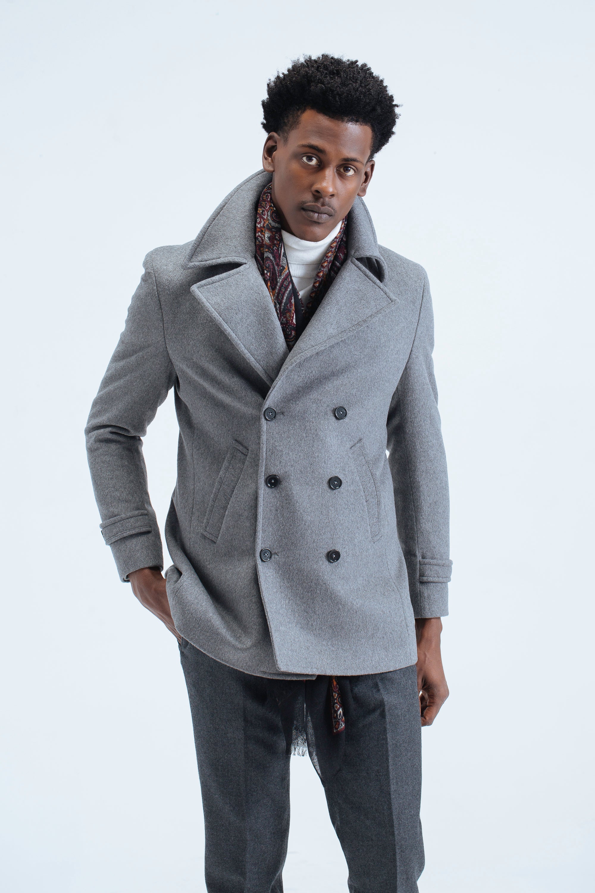 DOUBLE-BREASTED WINTER COAT - HIGH COLLER - GRAY