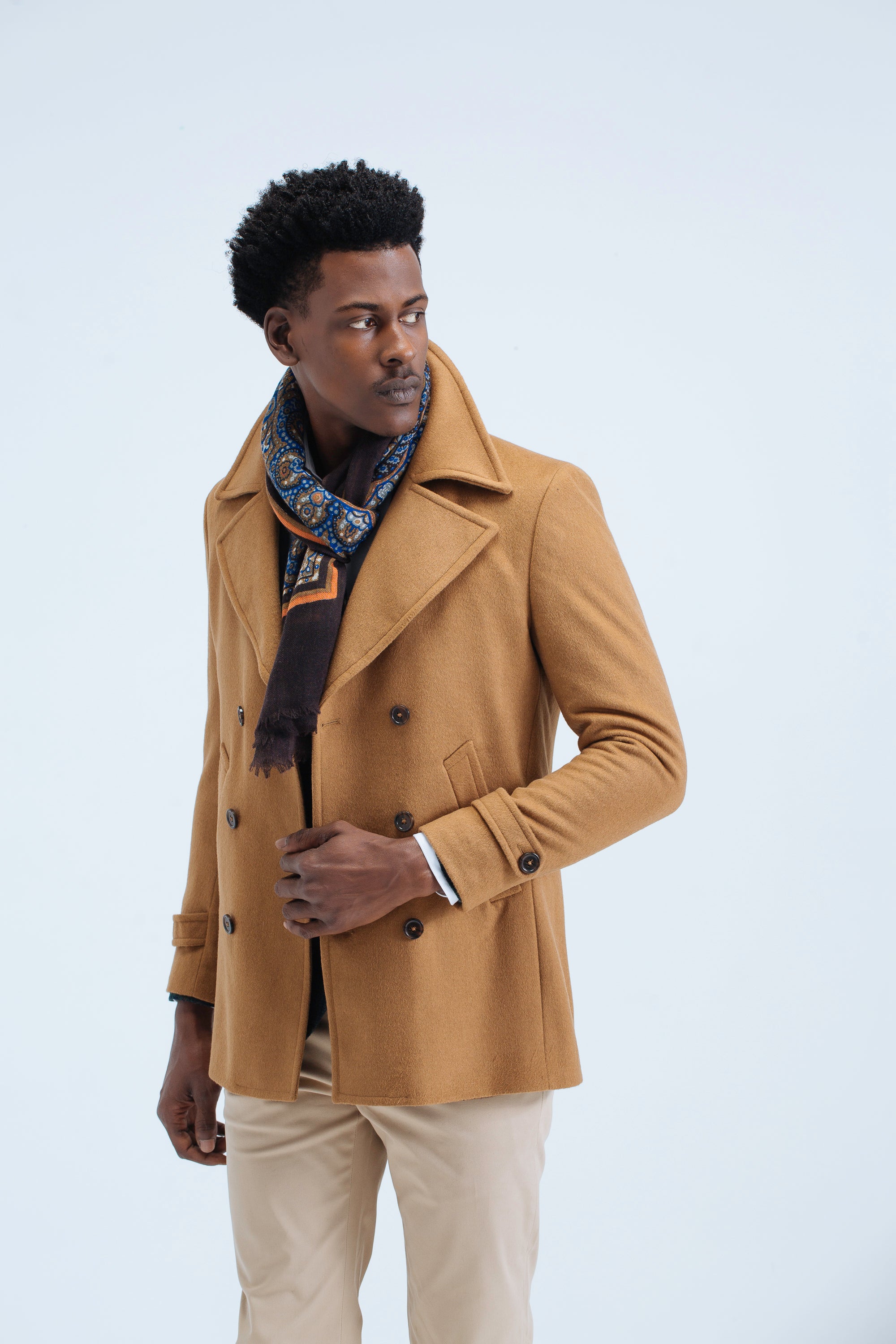 DOUBLE-BREASTED WINTER COAT - HIGH COLLER - CAMEL