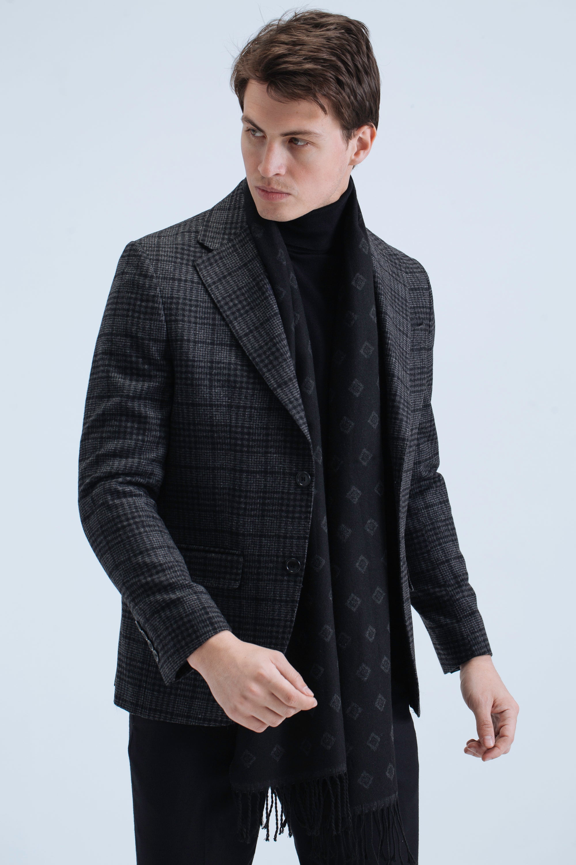 SINGLE BREASTED CHECKERED BLAZER - NOTCH LAPEL - BLACK & GRAY