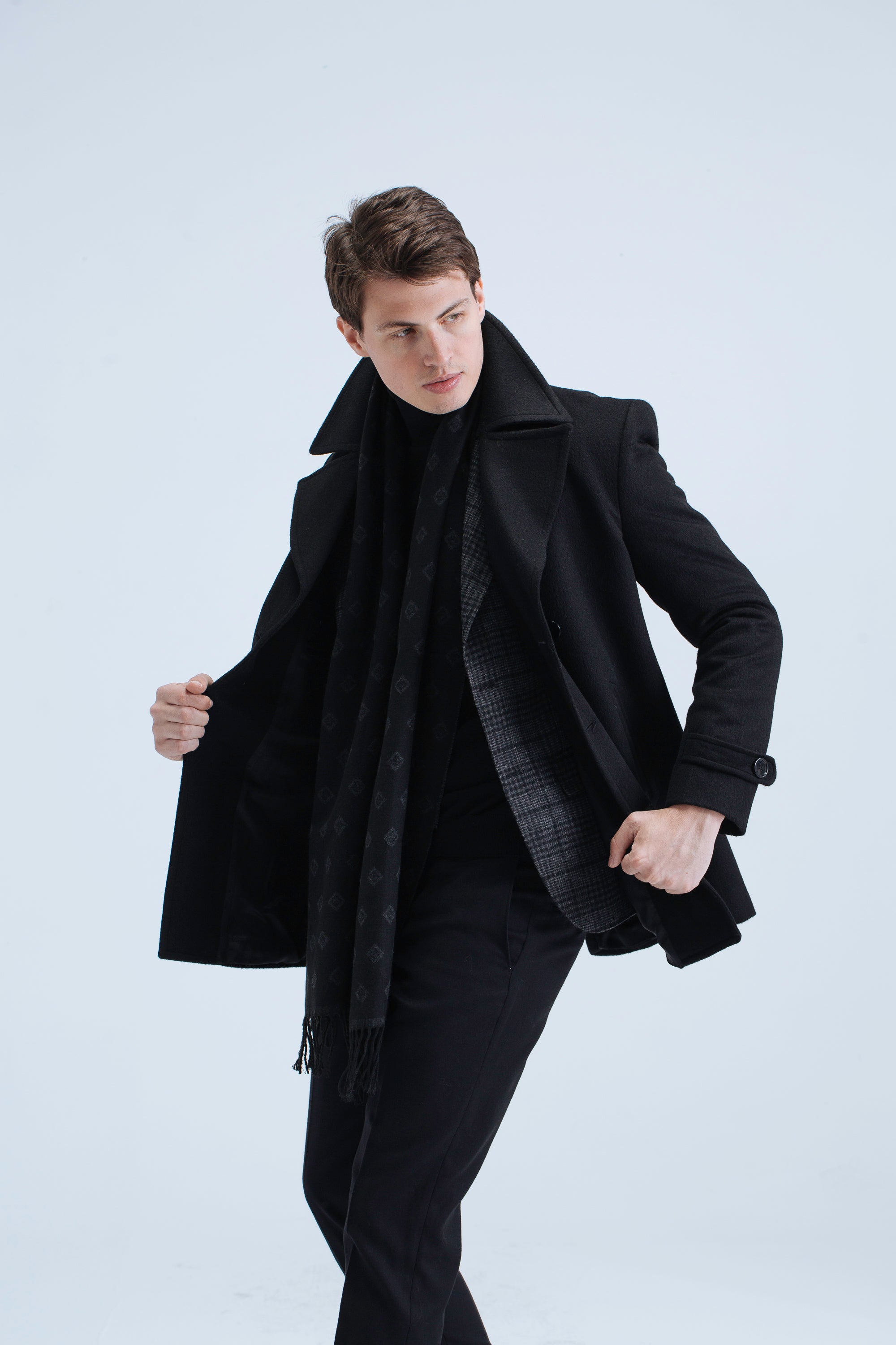 DOUBLE-BREASTED WINTER COAT - HIGH COLLER - BLACK