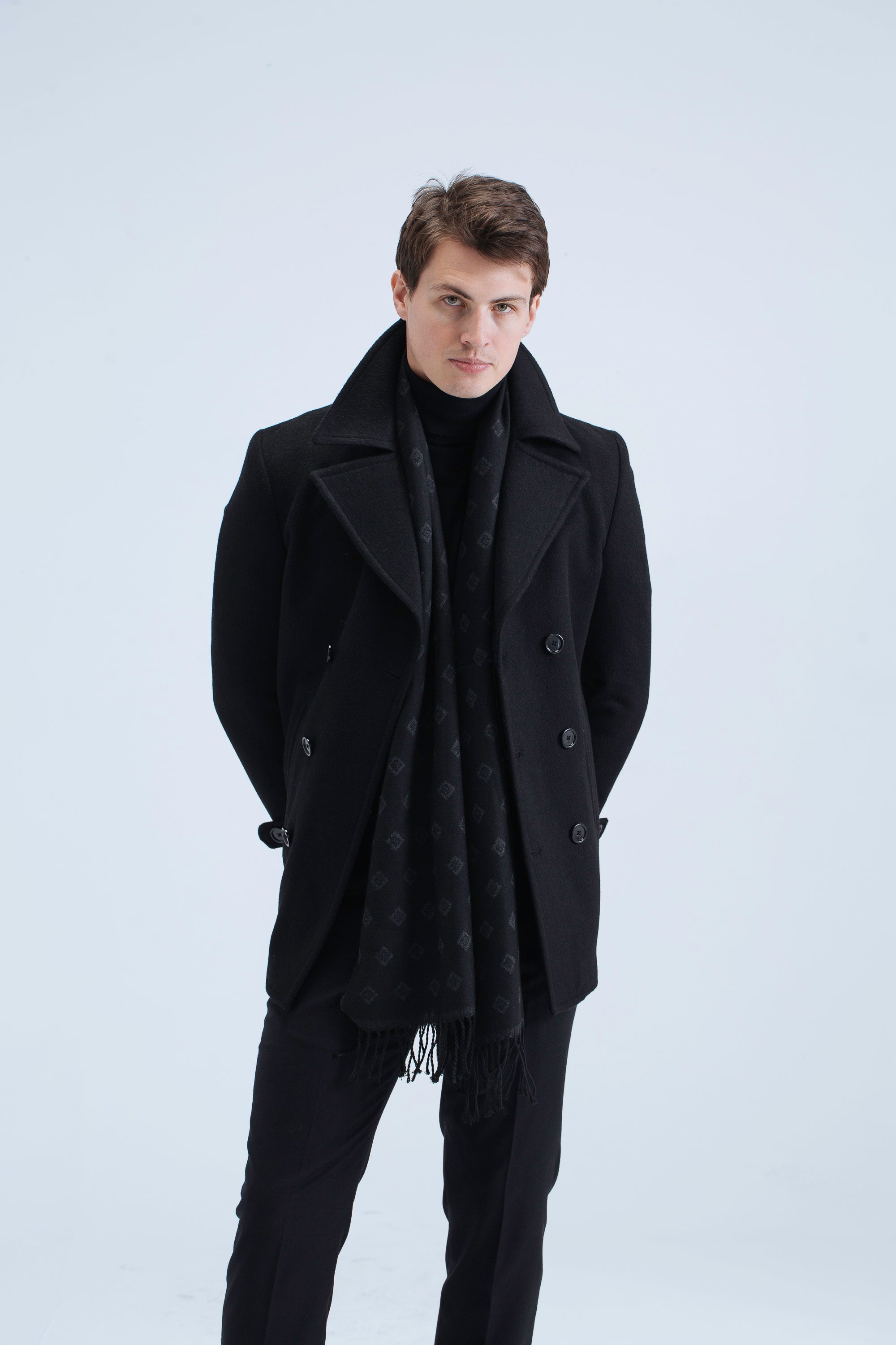 DOUBLE-BREASTED WINTER COAT - HIGH COLLER - BLACK