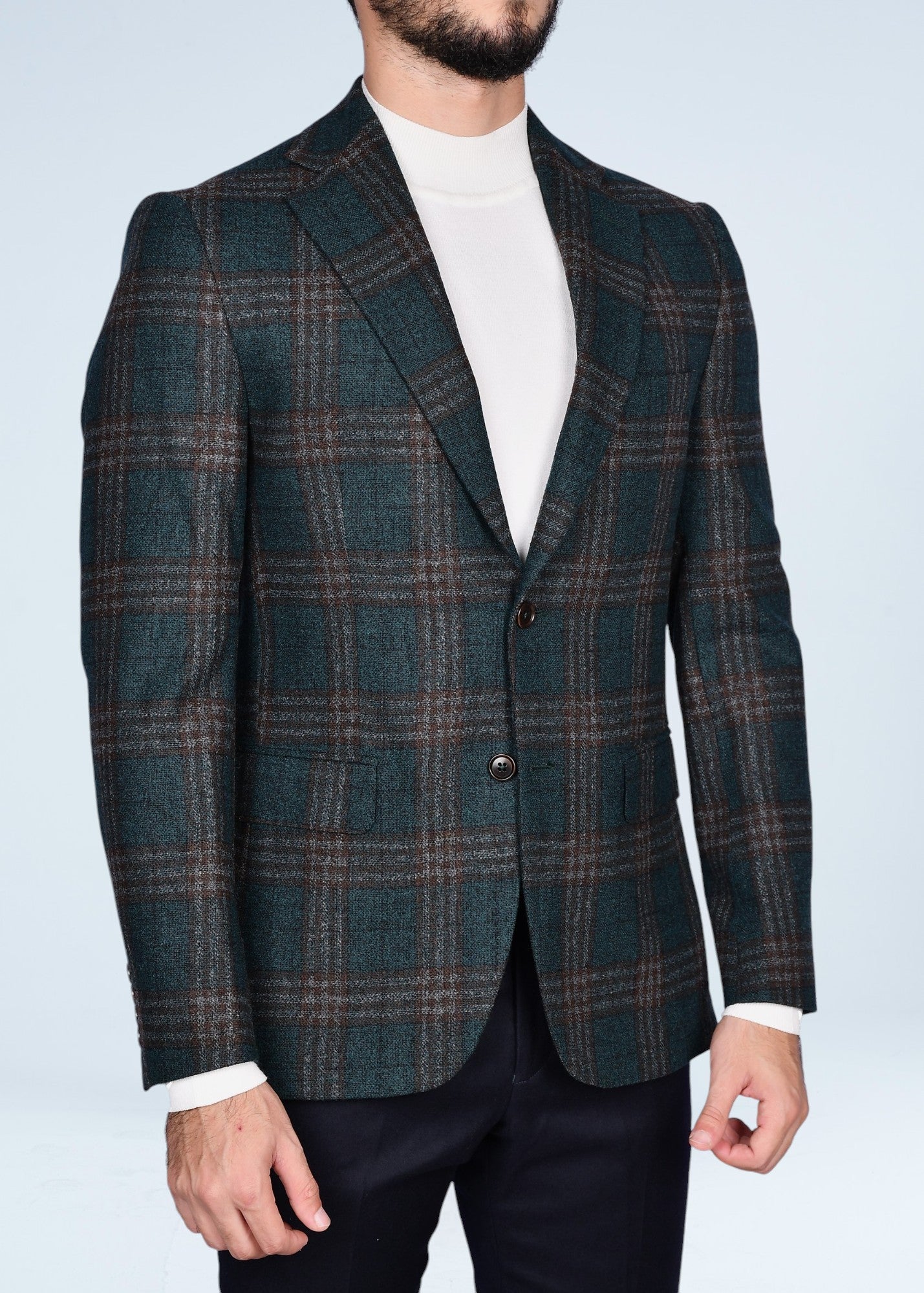 SINGLE BREASTED CHECKERED BLAZER - NOTCH LAPEL - OLIVE GREEN & BROWN