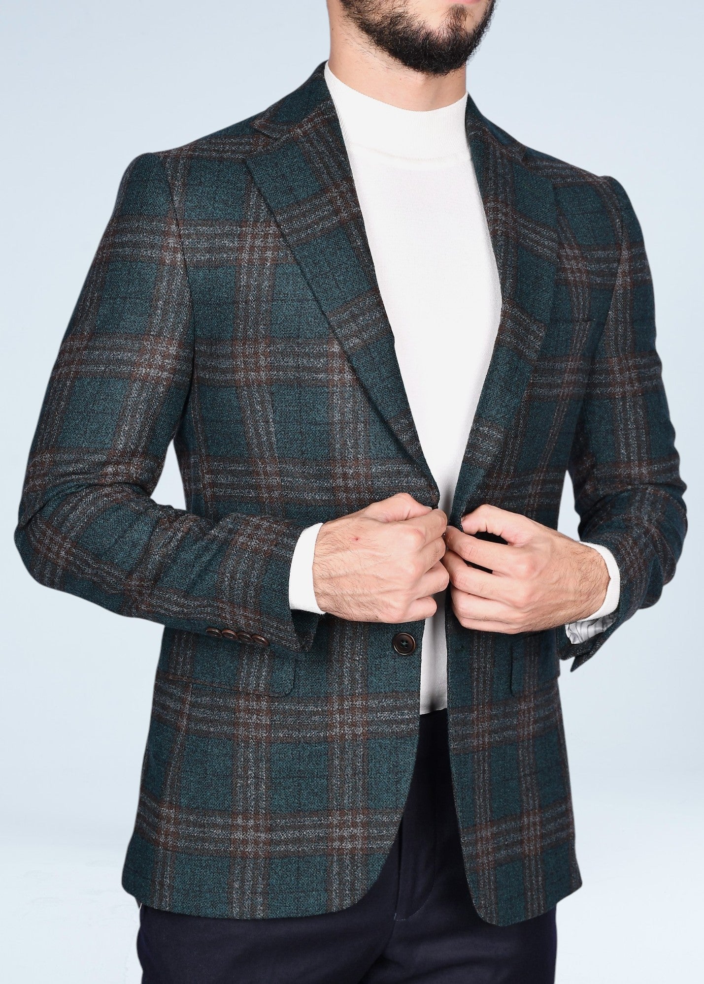 SINGLE BREASTED CHECKERED BLAZER - NOTCH LAPEL - OLIVE GREEN & BROWN